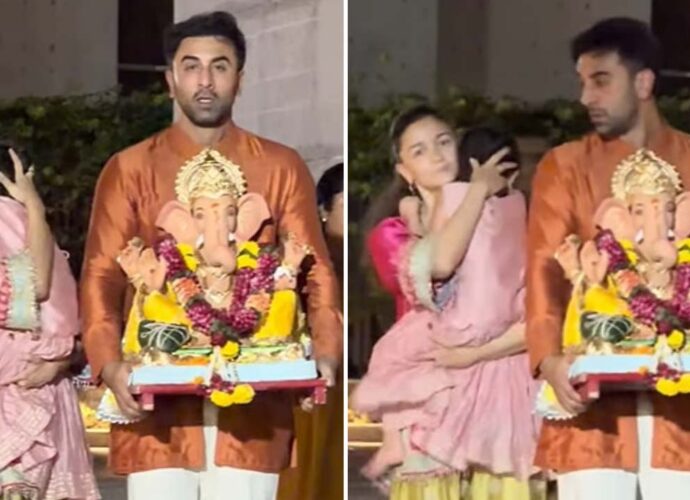 গণেশ বিসর্জনে ক্যামেরার সামনে ফের মেয়ের মুখ আড়াল করলেন রণবীর-আলিয়া, ভাইরাল ভিডিয়ো