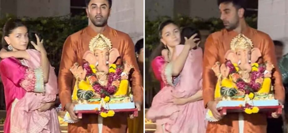 গণেশ বিসর্জনে ক্যামেরার সামনে ফের মেয়ের মুখ আড়াল করলেন রণবীর-আলিয়া, ভাইরাল ভিডিয়ো