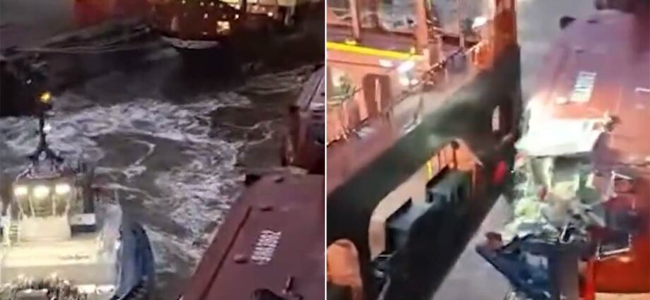 জার্মানির উপকূলে উত্তাল সমুদ্রে পণ্যবাহী জাহাজের সঙ্গে ধাক্কা বিলাসবহুল প্রমোদতরীর, ক্ষতিগ্রস্ত লাইফবোট জার্মানির উপকূলে উত্তাল সমুদ্রে পণ্যবাহী জাহাজের সঙ্গে ধাক্কা বিলাসবহুল প্রমোদতরীর, ক্ষতিগ্রস্ত লাইফবোট