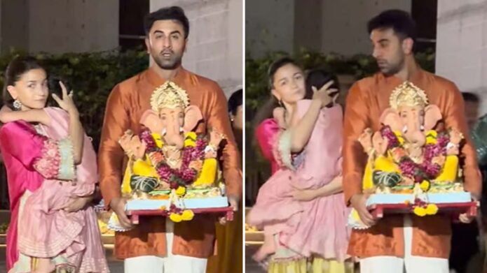 গণেশ বিসর্জনে ক্যামেরার সামনে ফের মেয়ের মুখ আড়াল করলেন রণবীর-আলিয়া, ভাইরাল ভিডিয়ো